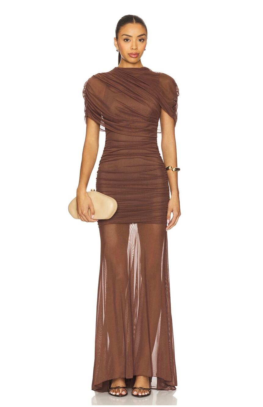 Amanda Uprichard x Revolve Evianna Mesh Gown in Chocolate Brown Size Medium
